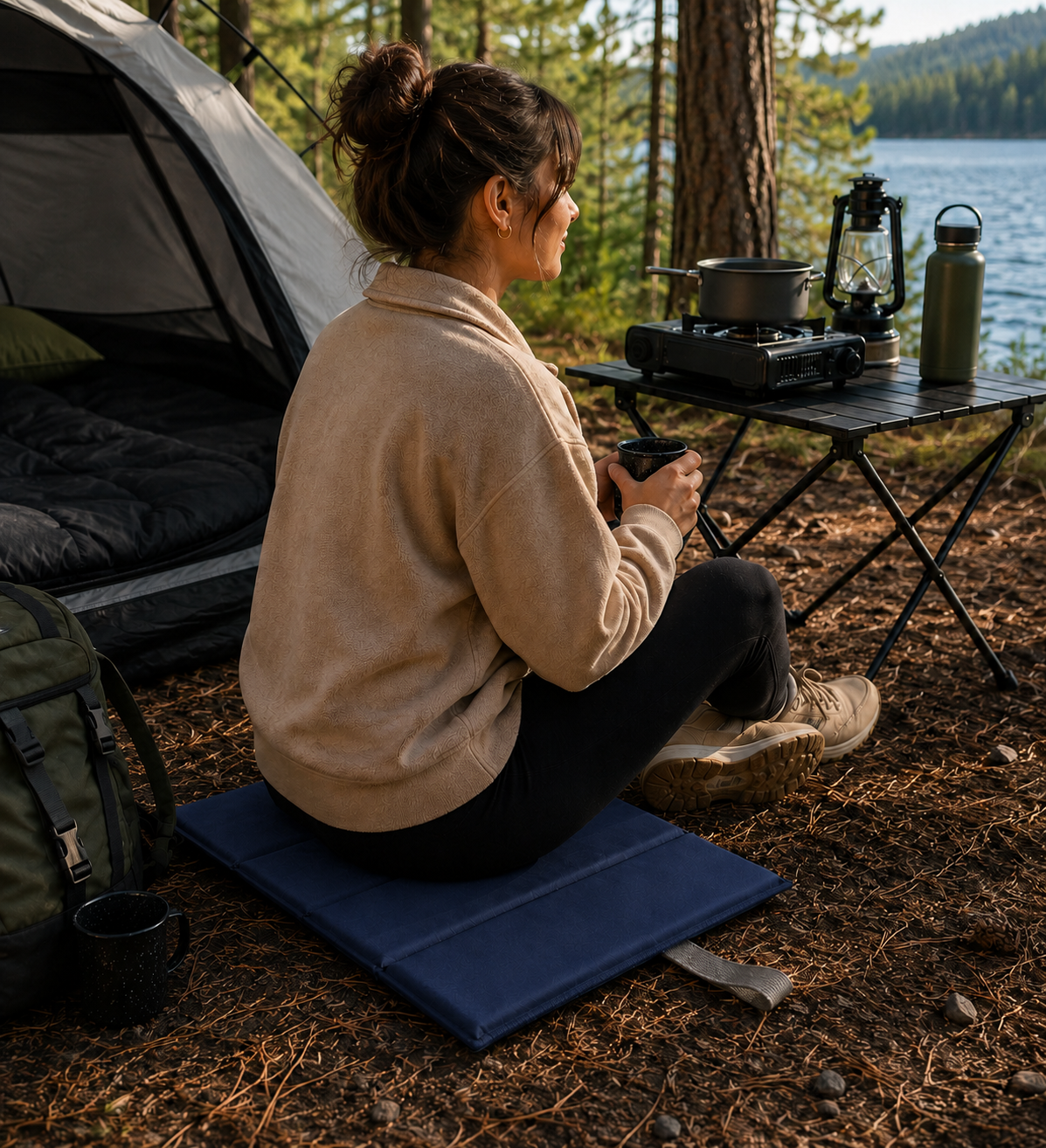 Navy Foldable waterproof camping sit mat with padded cushioning and an elastic carry strap for easy outdoor transport.