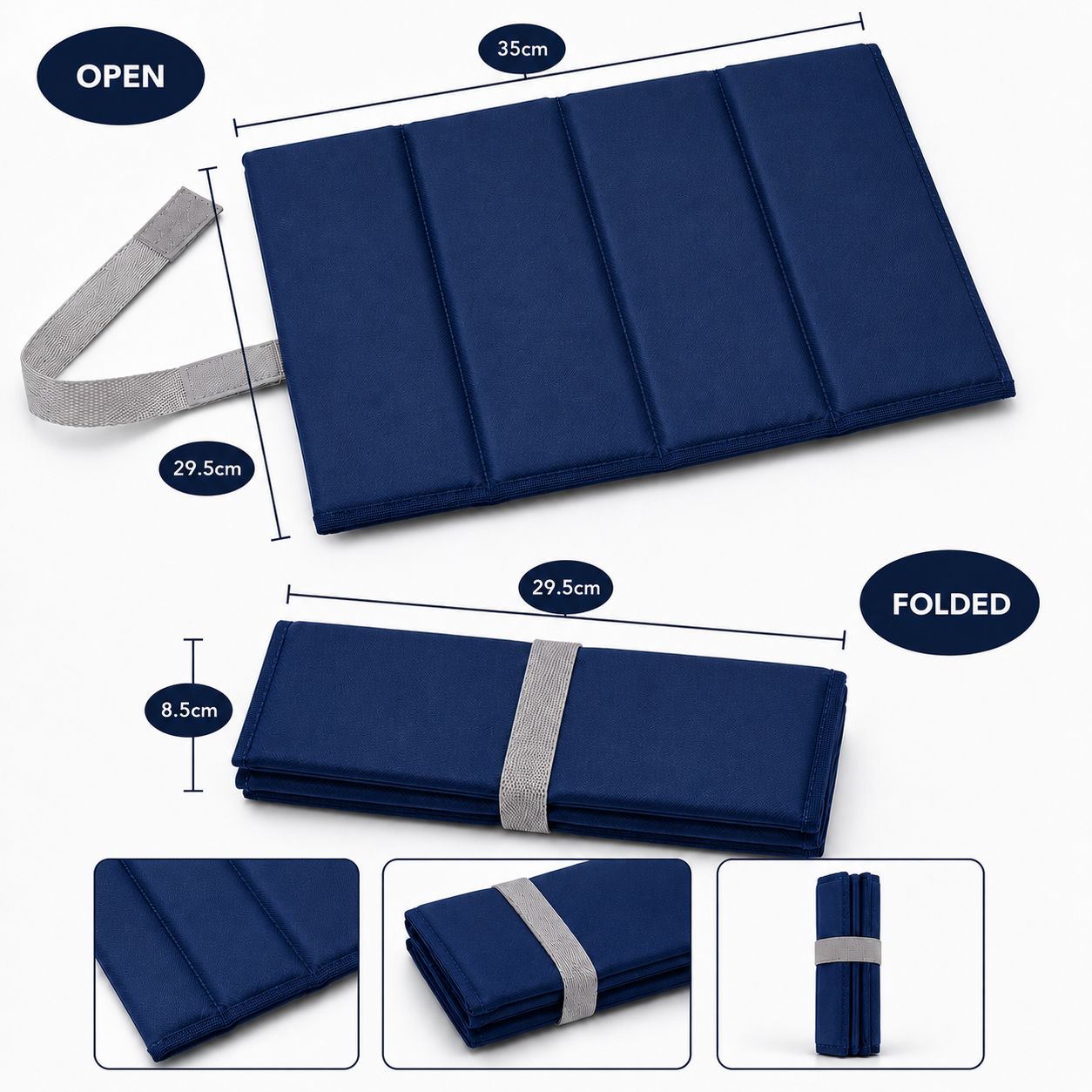 Navy Standard Foldable waterproof camping sit mat with padded cushioning and an elastic carry strap for easy outdoor transport.