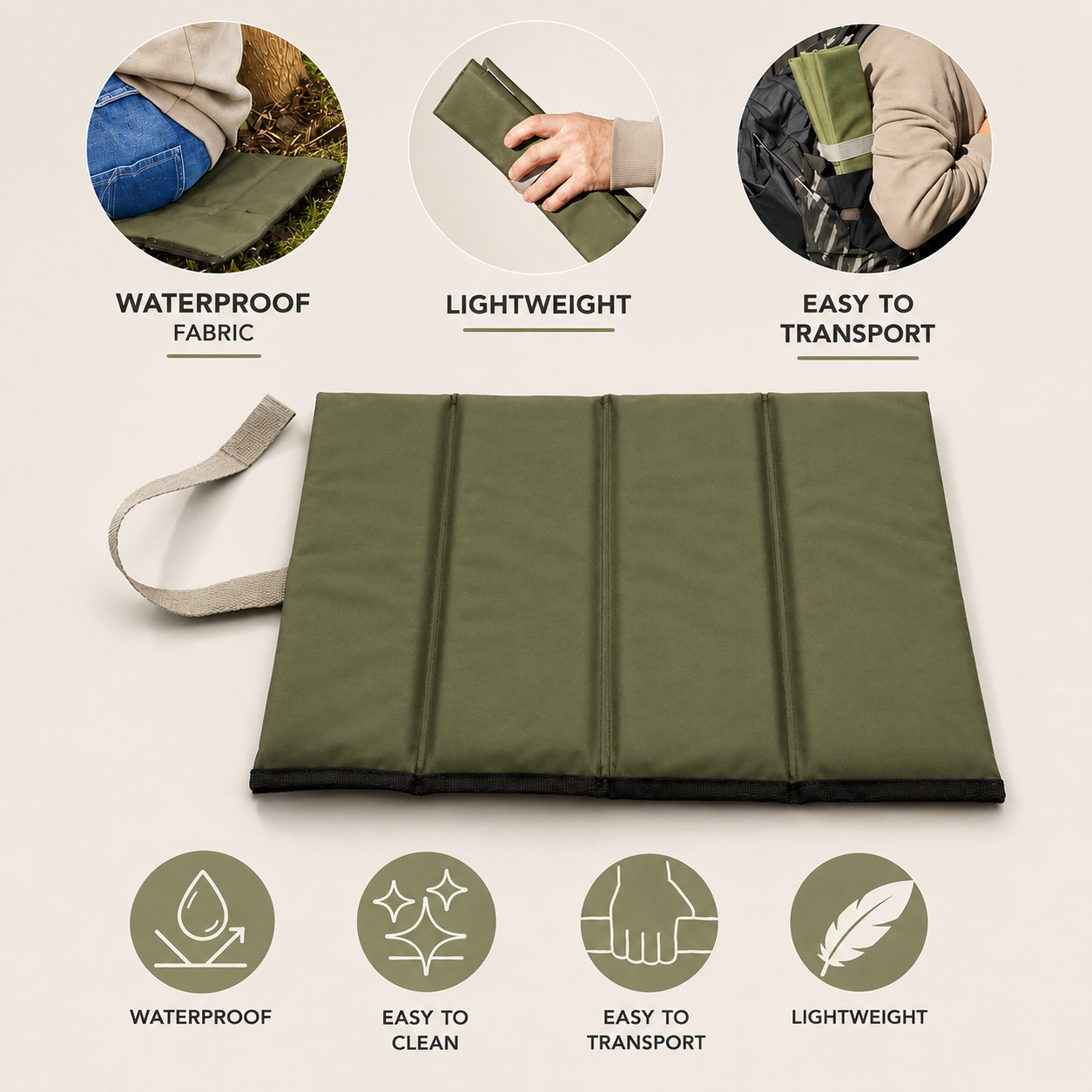 Olive Foldable waterproof camping sit mat with padded cushioning and an elastic carry strap for easy outdoor transport.
