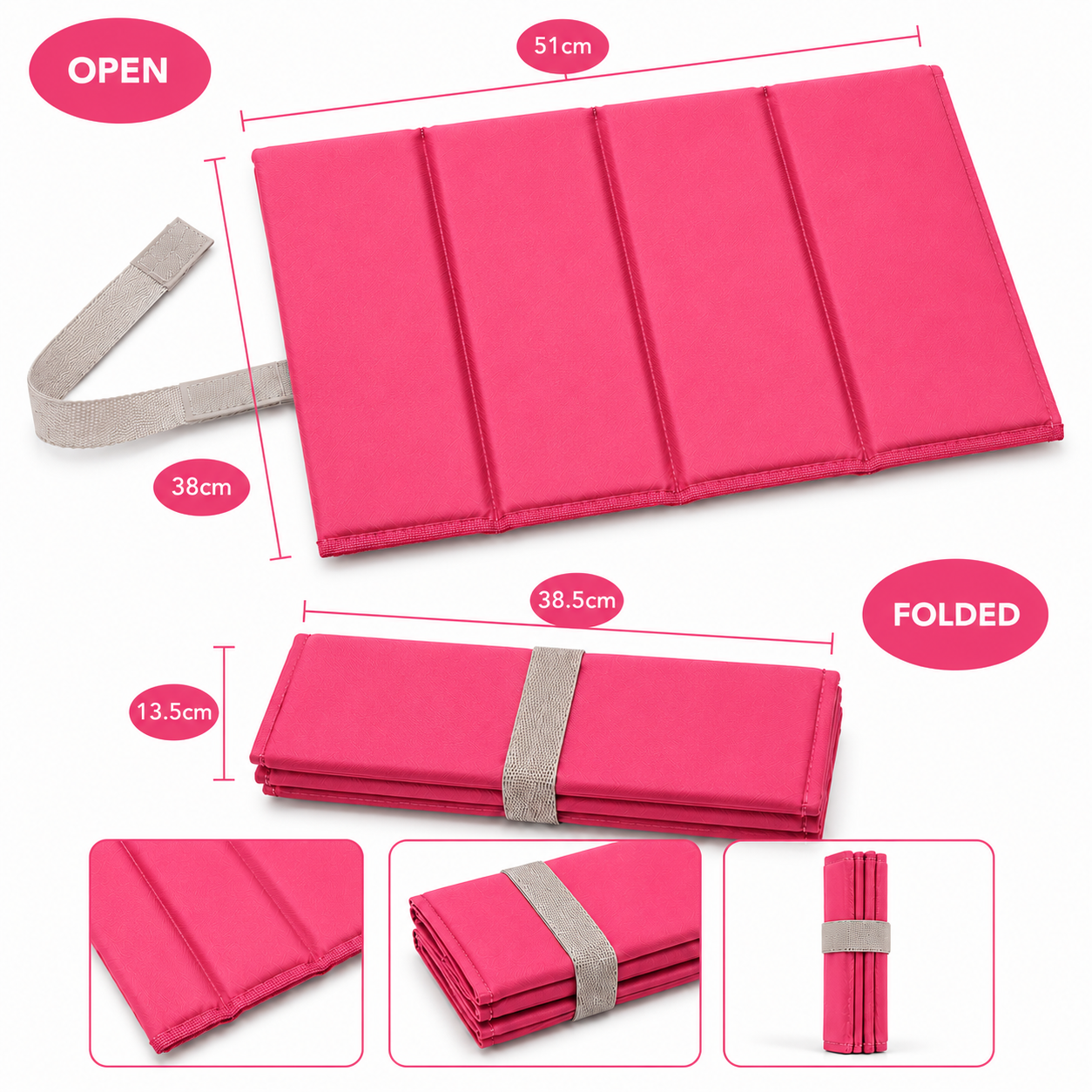 Pink Large Foldable waterproof camping sit mat with padded cushioning and an elastic carry strap for easy outdoor transport.
