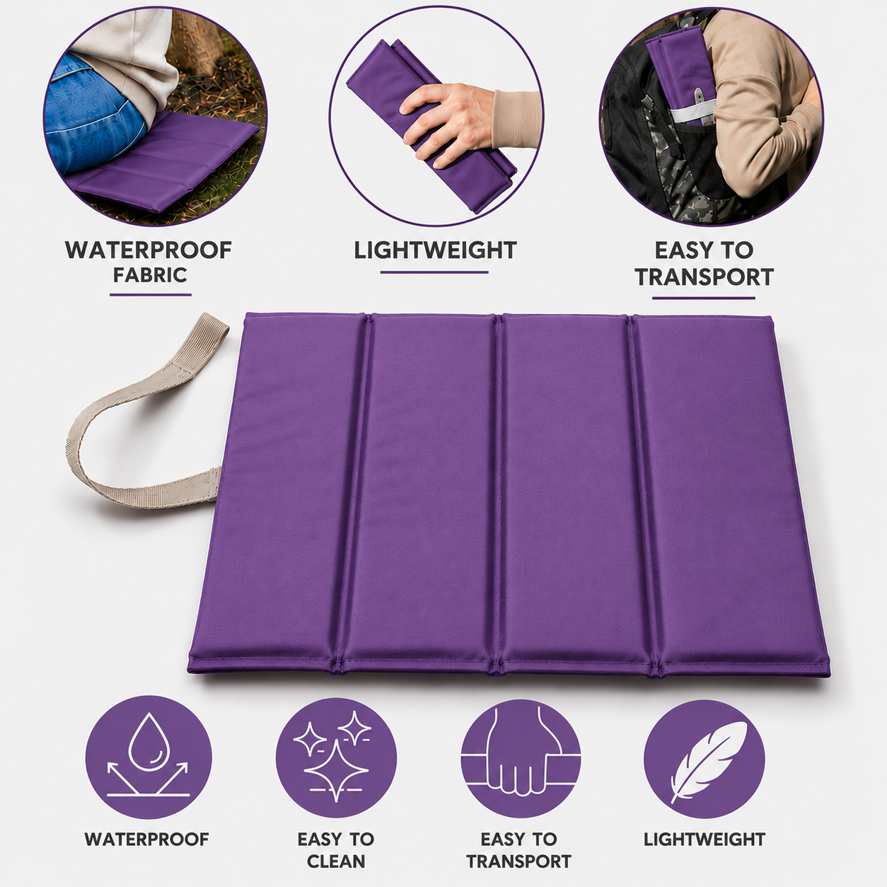 Purple Foldable waterproof camping sit mat with padded cushioning and an elastic carry strap for easy outdoor transport.