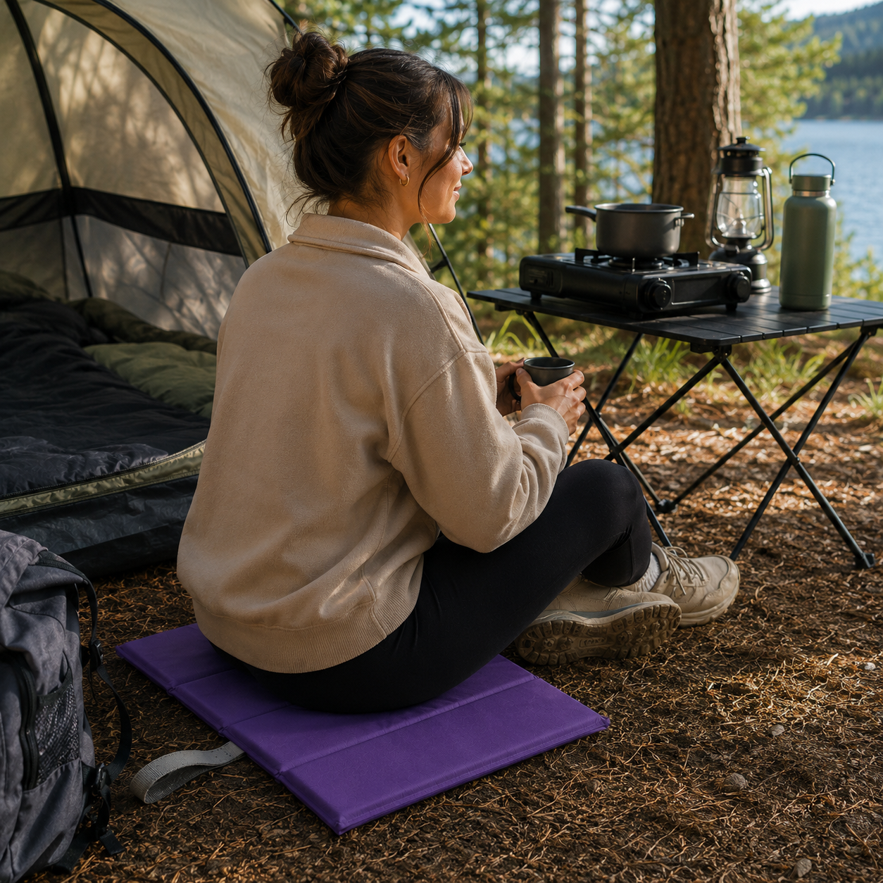 Purple Foldable waterproof camping sit mat with padded cushioning and an elastic carry strap for easy outdoor transport.