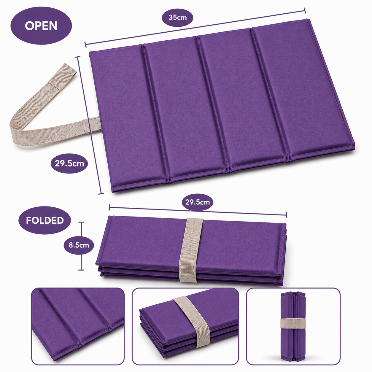 Purple Standard Foldable waterproof camping sit mat with padded cushioning and an elastic carry strap for easy outdoor transport.