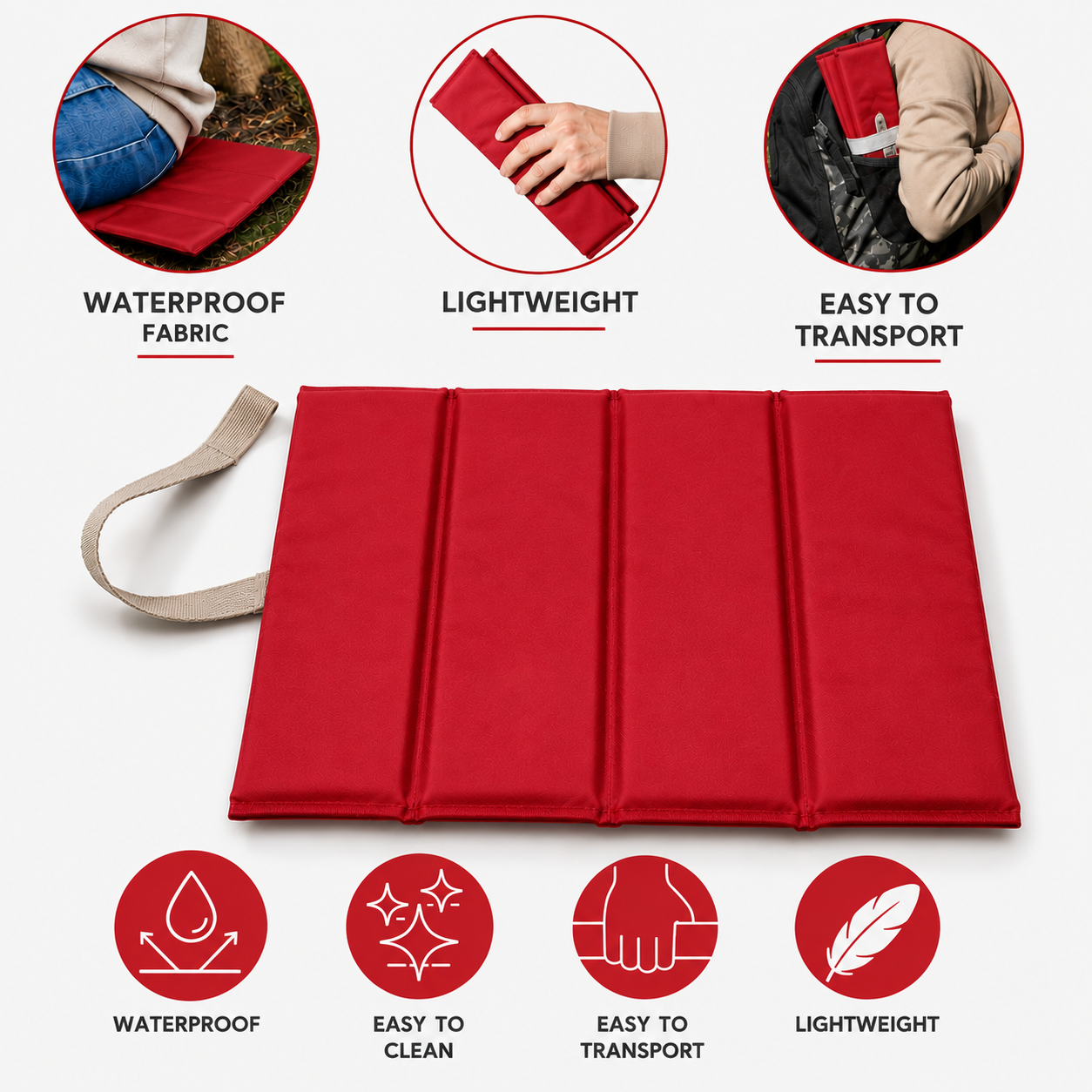 Red Foldable waterproof camping sit mat with padded cushioning and an elastic carry strap for easy outdoor transport.