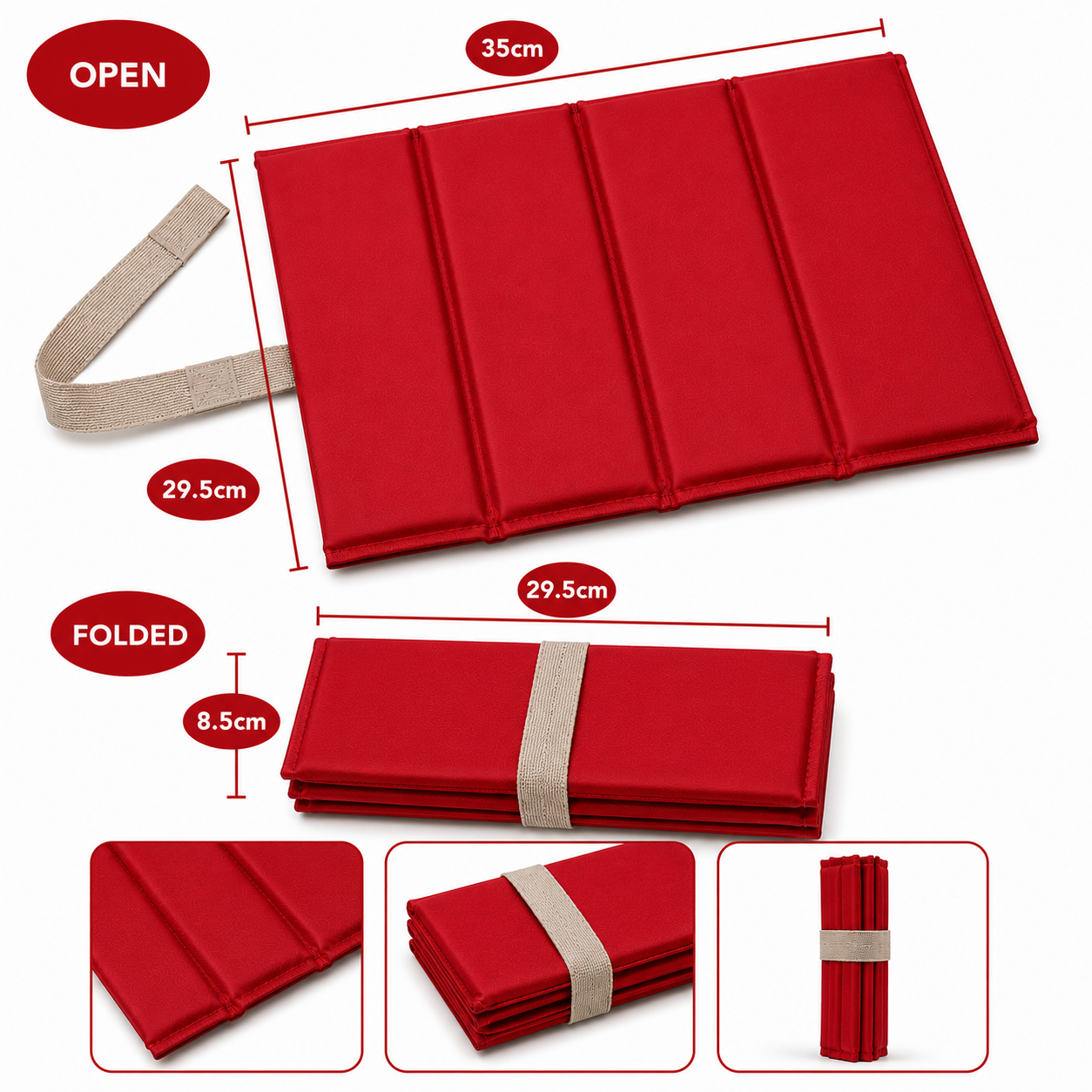 Red Standard Foldable waterproof camping sit mat with padded cushioning and an elastic carry strap for easy outdoor transport.