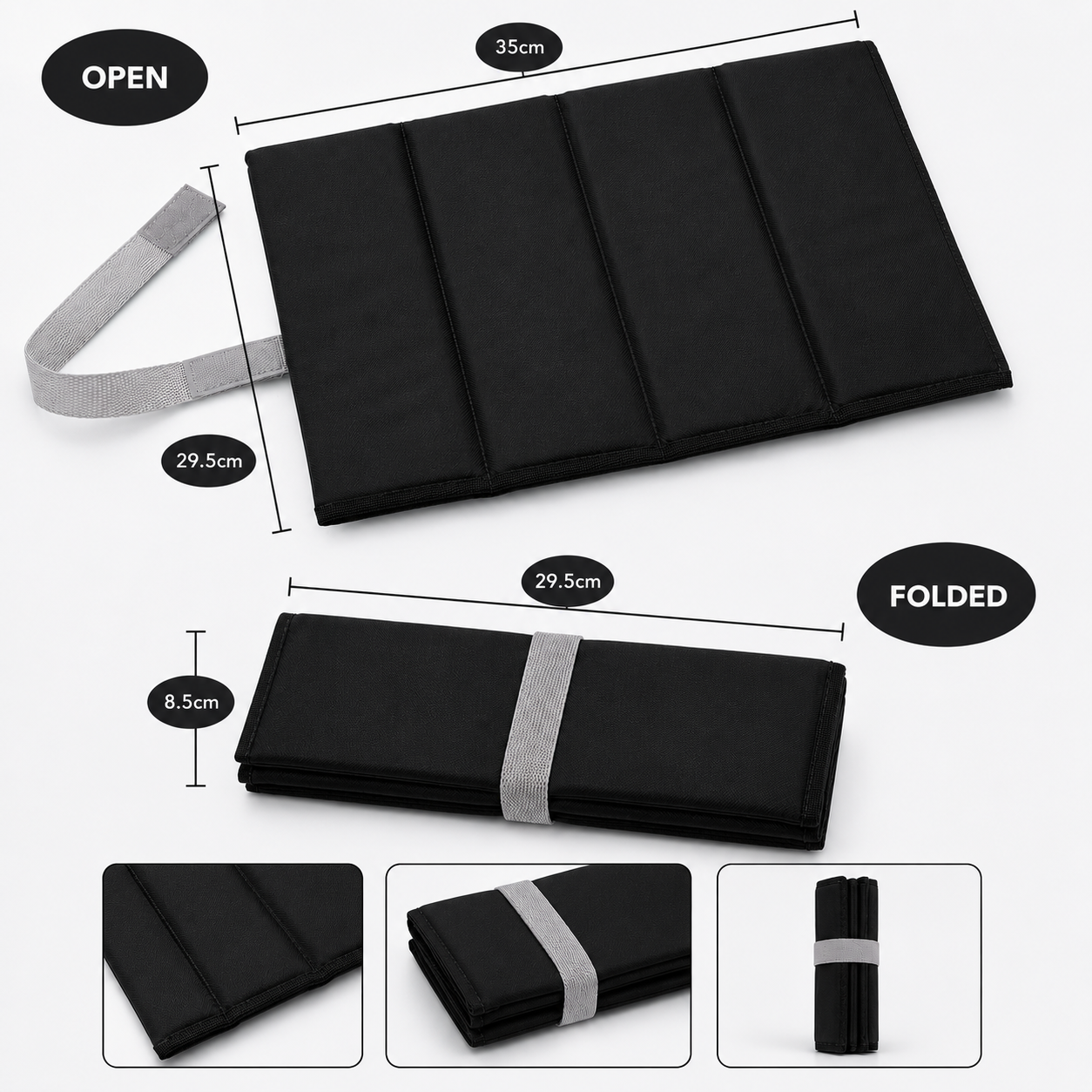 Black Standard Foldable waterproof camping sit mat with padded cushioning and an elastic carry strap for easy outdoor transport.