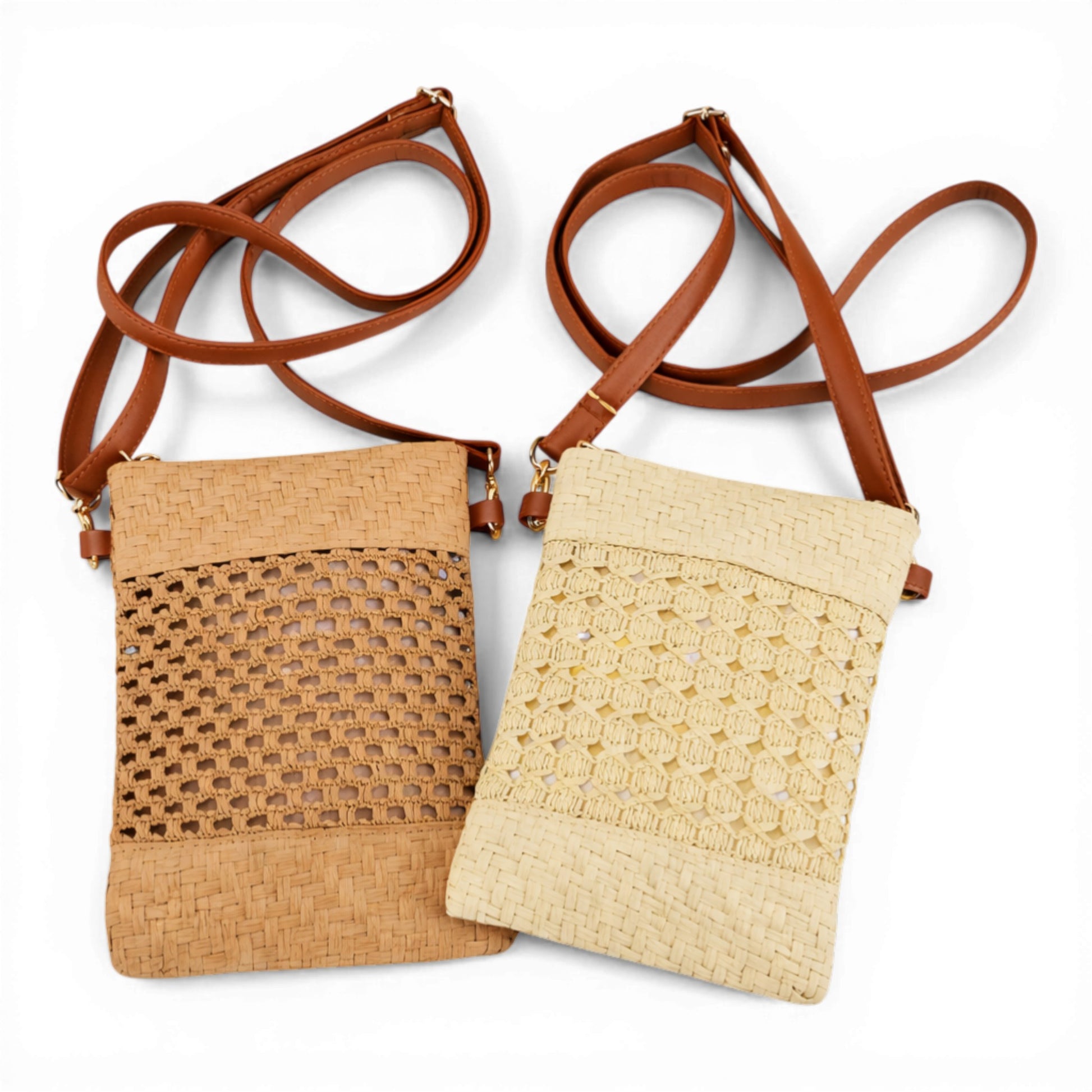 Ladies woven crossbody bag with adjustable strap available in beige or tan. Perfect for small accessories such as your phone, keys, cards and small essentials.