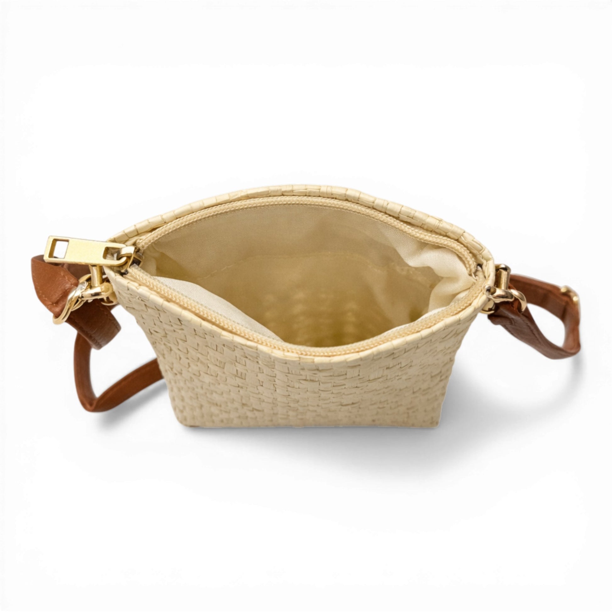 Ladies woven crossbody bag with adjustable strap available in cream. Perfect for small accessories such as your phone, keys, cards and small essentials.