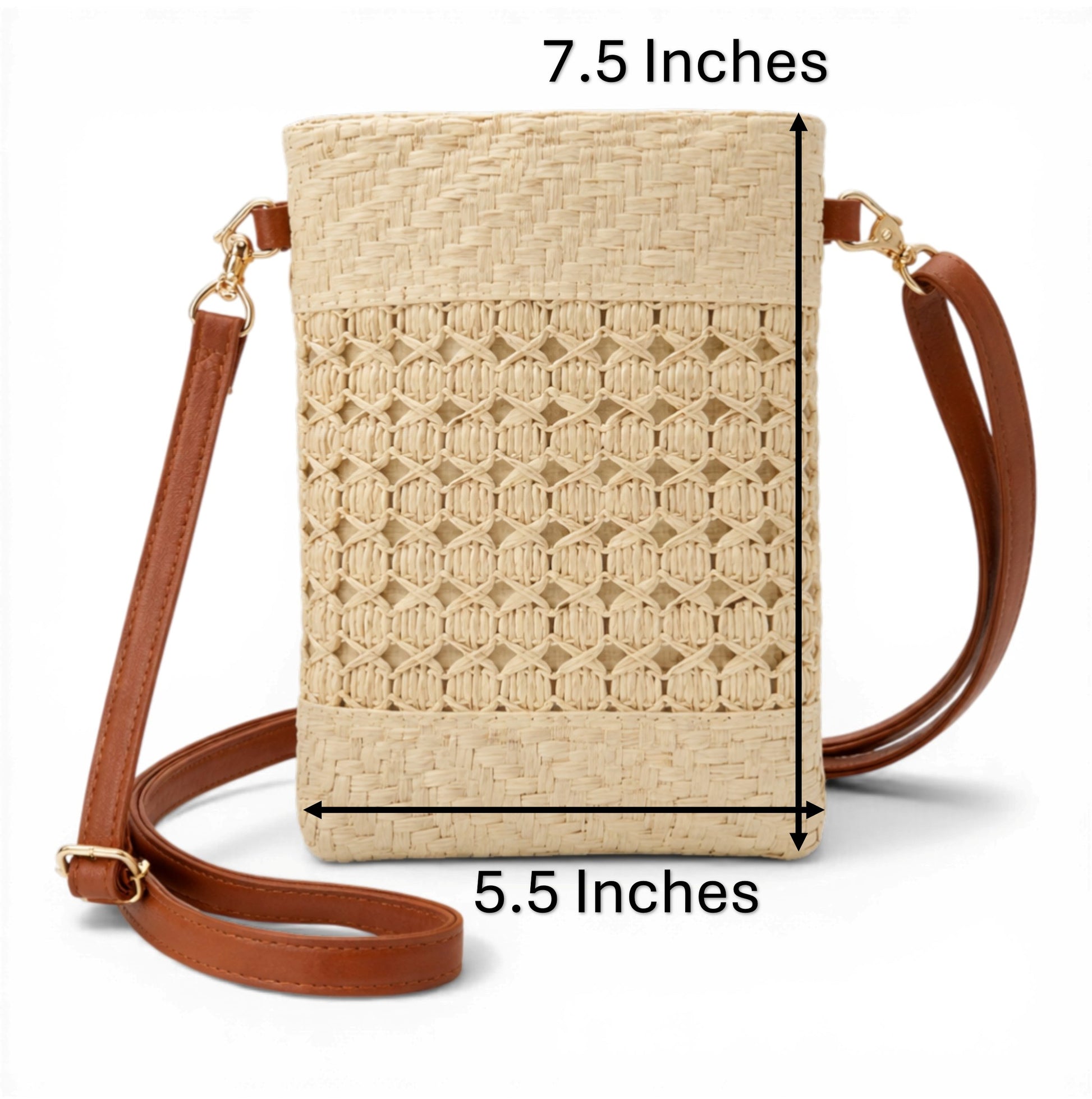 Ladies woven crossbody bag with adjustable strap available in beige or tan. Perfect for small accessories such as your phone, keys, cards and small essentials.
