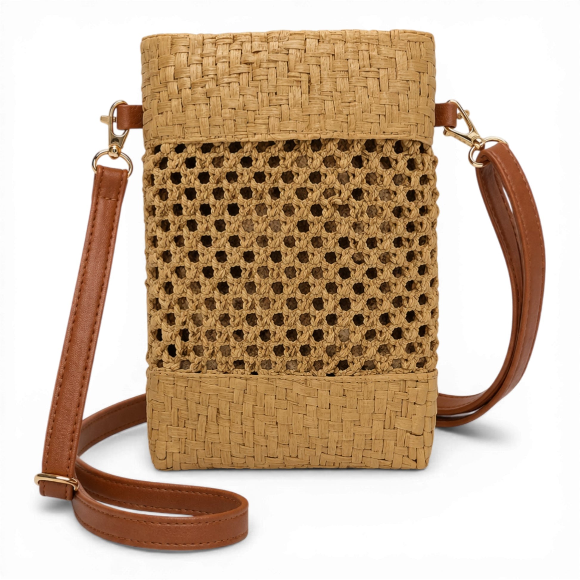 Ladies woven crossbody bag with adjustable strap available in tan. Perfect for small accessories such as your phone, keys, cards and small essentials.