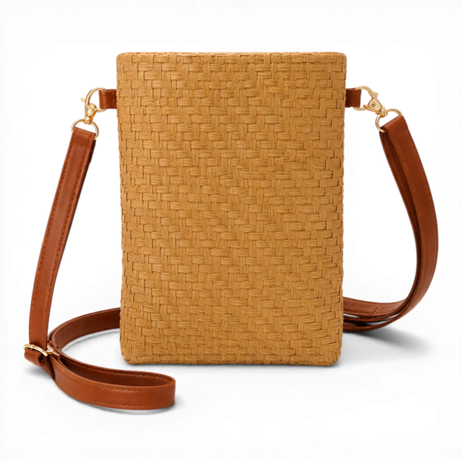 Ladies woven crossbody bag with adjustable strap available in tan. Perfect for small accessories such as your phone, keys, cards and small essentials.
