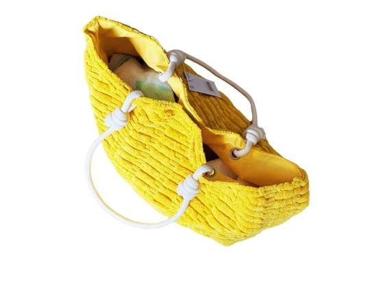 Yellow spacious towelling tote bag for beach holidays with soft textured fabric