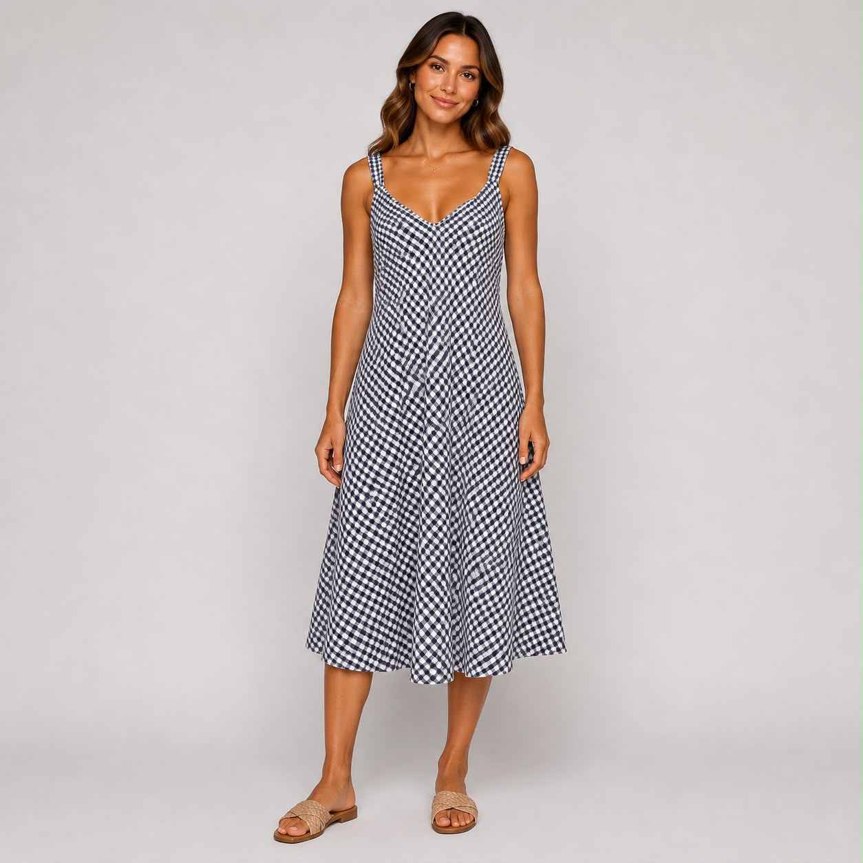Shop our Navy gingham Ladies midi cami dress, featuring a flattering V-neckline and relaxed flowing fit. A versatile summer dress perfect for holidays, brunch and everyday wear