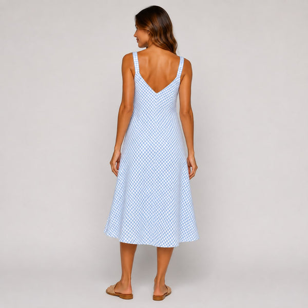 Gingham A-Line Ladies Midi Dress (Sky Blue)