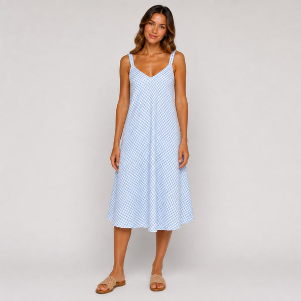 Gingham A-Line Ladies Midi Dress (Sky Blue)