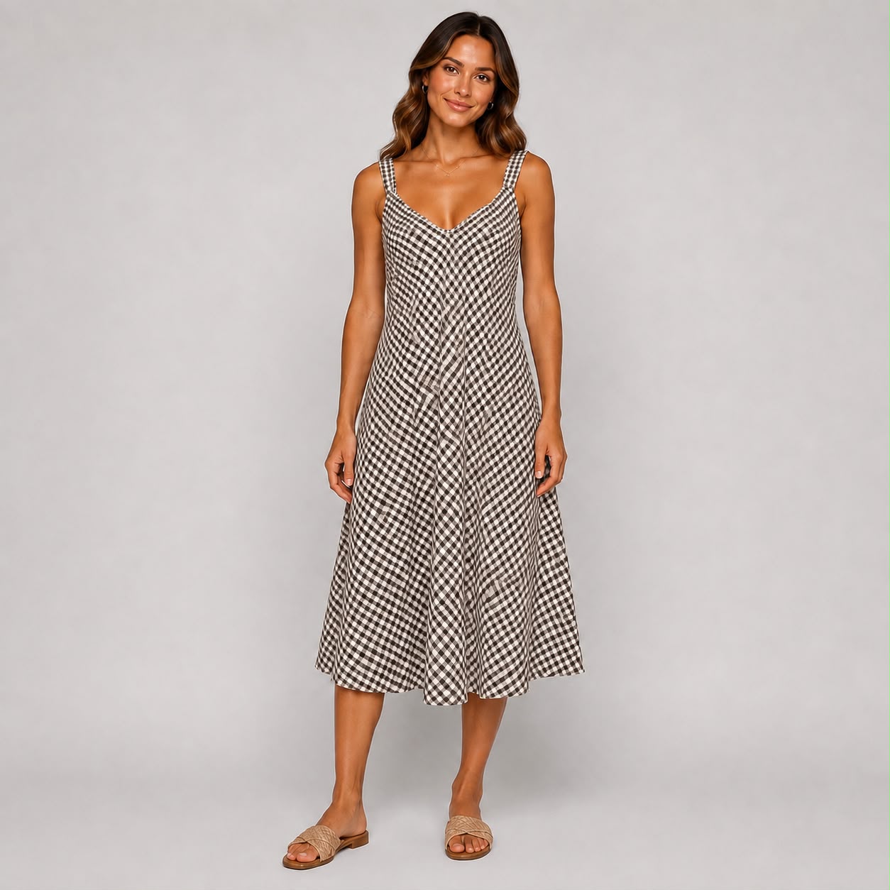 Shop our brown gingham Ladies midi cami dress, featuring a flattering V-neckline and relaxed flowing fit. A versatile summer dress perfect for holidays, brunch and everyday wear.