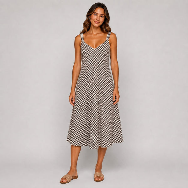 Gingham A-Line Ladies Midi Dress (Brown)