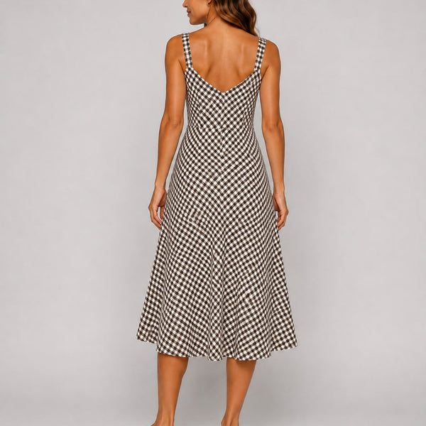 Gingham A-Line Ladies Midi Dress (Brown)
