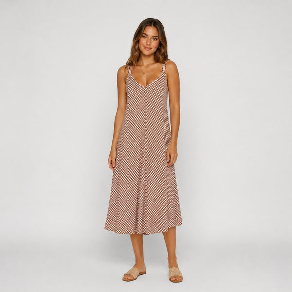 Gingham A-Line Ladies Midi Dress (Terracotta)