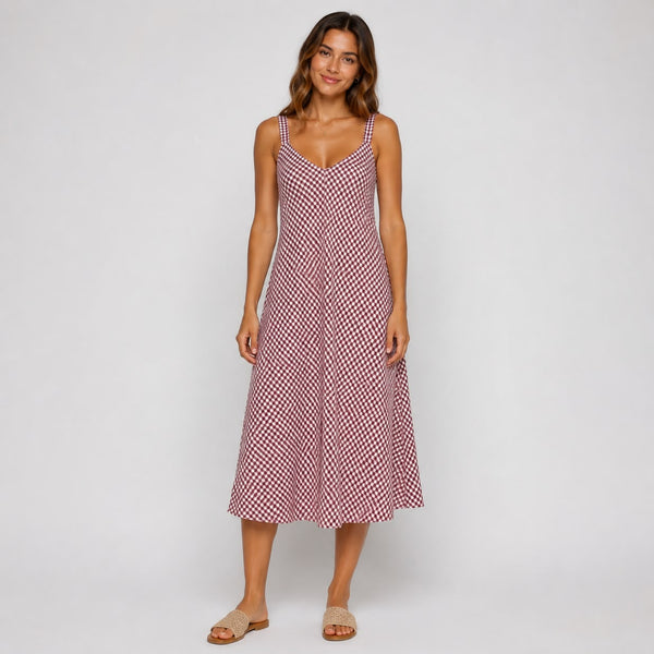 Gingham A-Line Ladies Midi Dress (Burgundy)