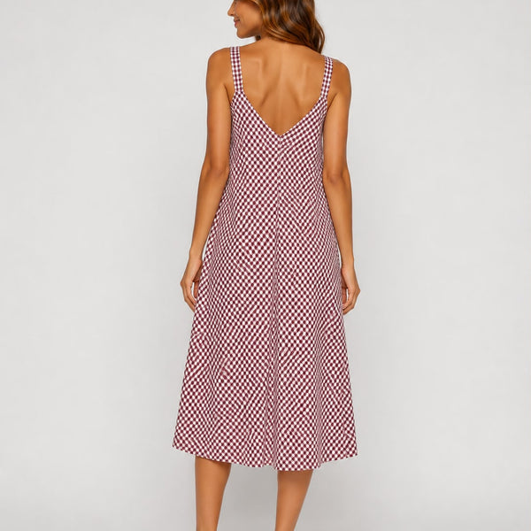 Gingham A-Line Ladies Midi Dress (Burgundy)