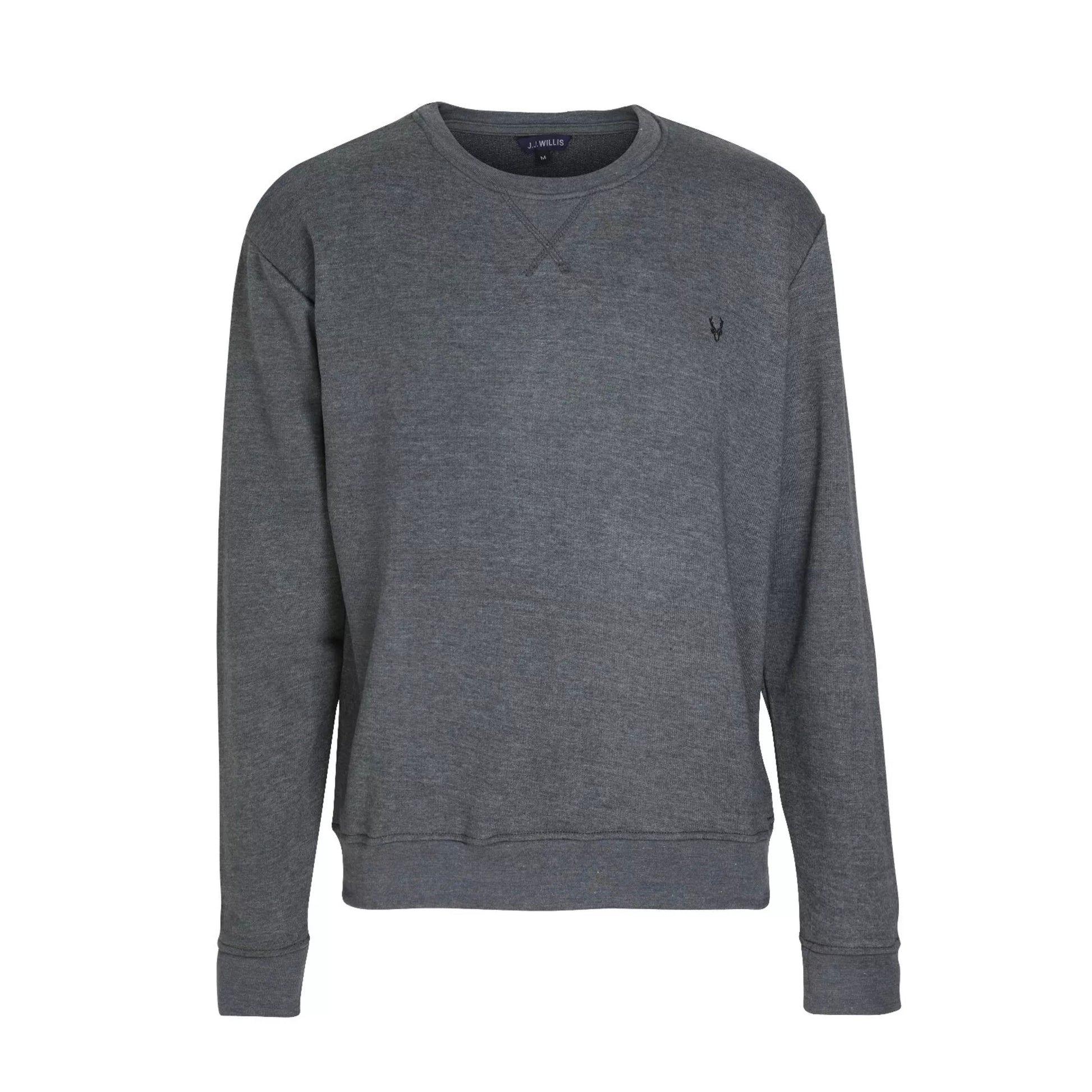 Men's classic crew neck sweatshirt jumper in charcoal with long sleeves and minimalist embroidered chest logo