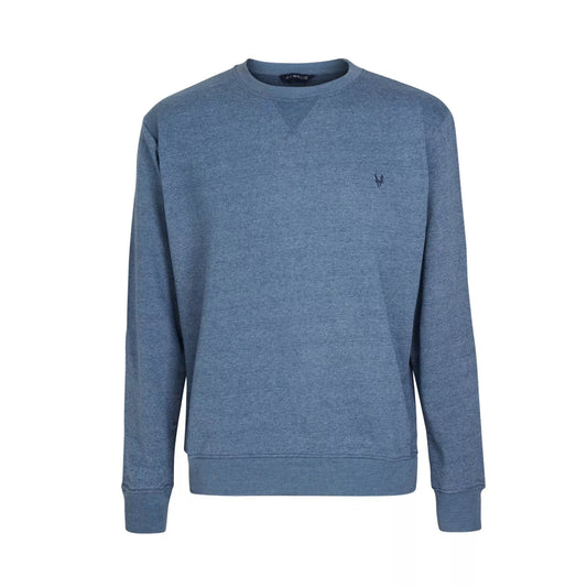 Men's classic crew neck sweatshirt jumper in denim blue with long sleeves and minimalist embroidered chest logo