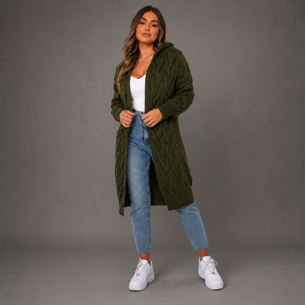 Ladies Chunky Cable Knit Italian Open Front Hooded Cardigan
