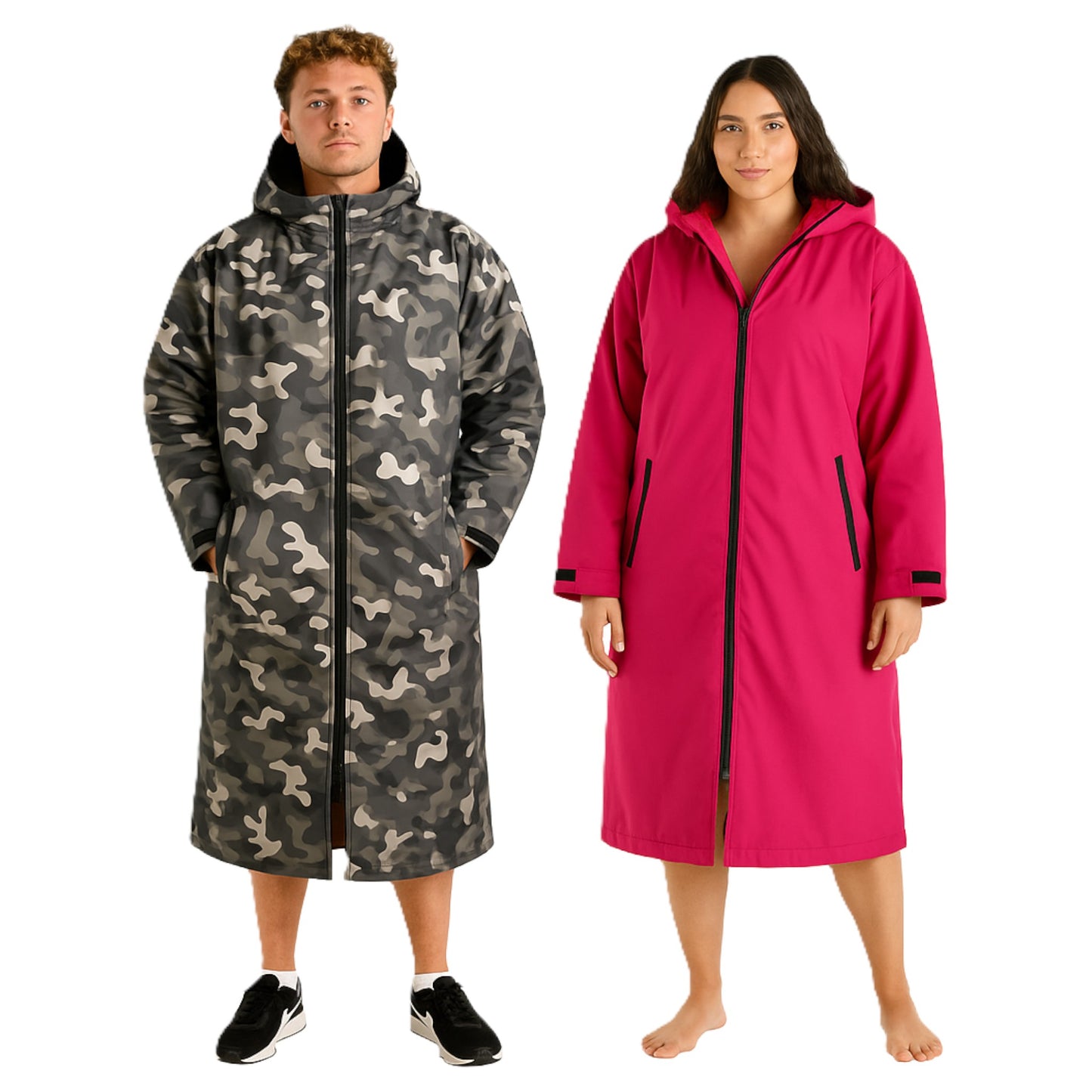 Adult grey camouflage and pink waterproof changing robe with hood, front zip, and long sleeves shown on male and female models, front and back view