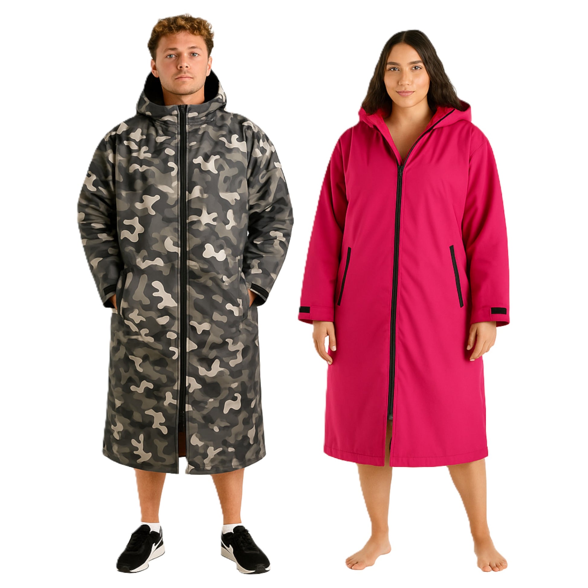 Adult grey camouflage and pink waterproof changing robe with hood, front zip, and long sleeves shown on male and female models, front and back view