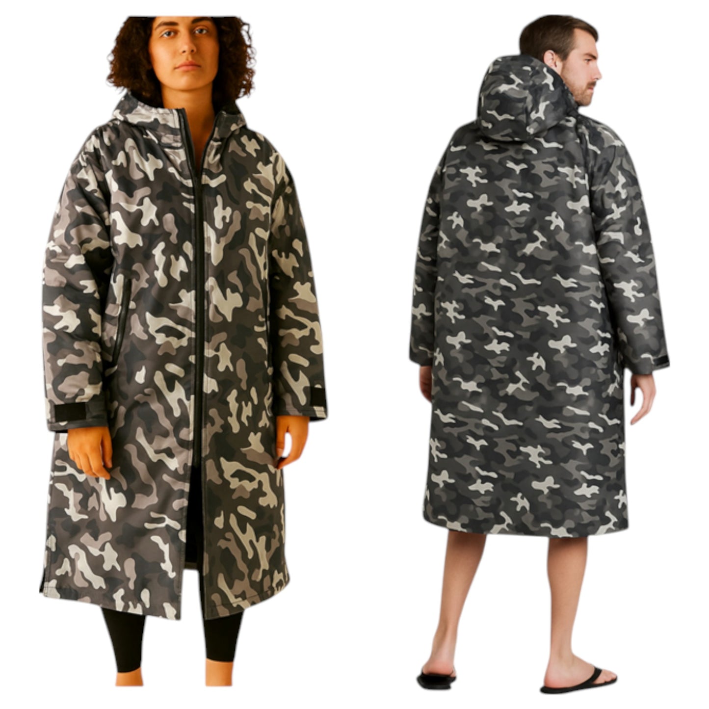 Adult grey camouflage waterproof changing robe with hood, front zip, and long sleeves