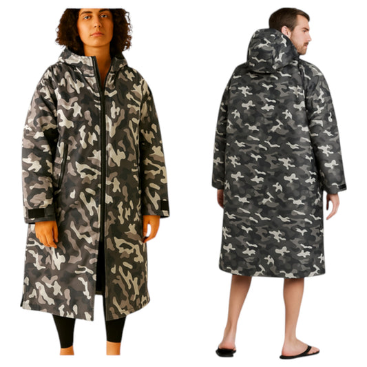 Adult grey camouflage waterproof changing robe with hood, front zip, and long sleeves