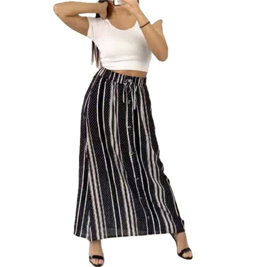 Women's black and white vertical striped maxi skirt with drawstring waist and button detail – casual summer fashion