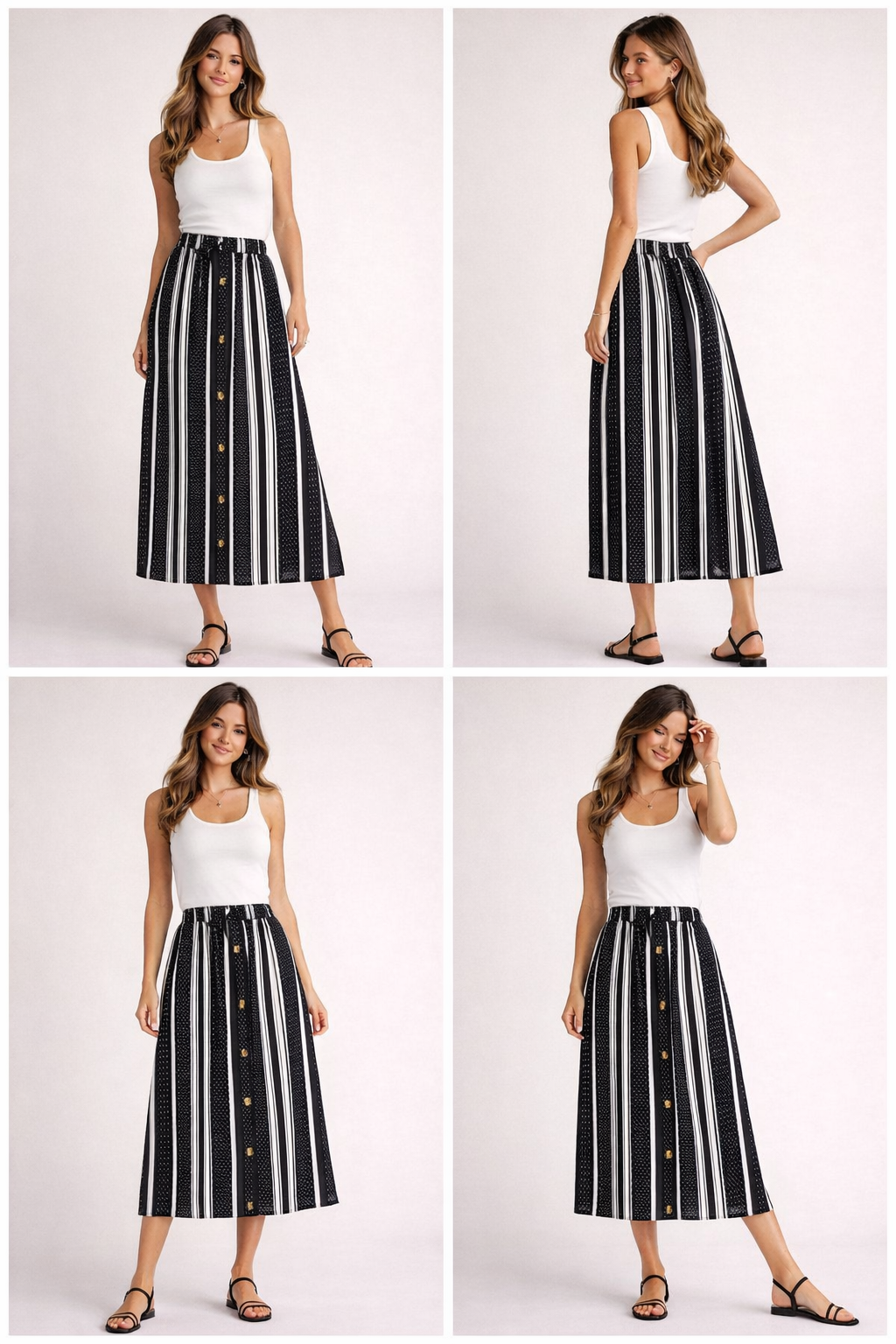 Women's black and white vertical striped maxi skirt with drawstring waist and button detail – casual summer fashion