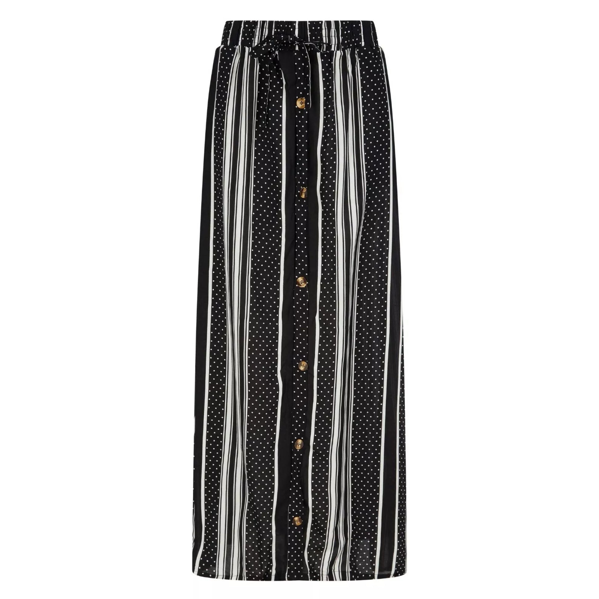Women's black and white vertical striped maxi skirt with drawstring waist and button detail – casual summer fashion
