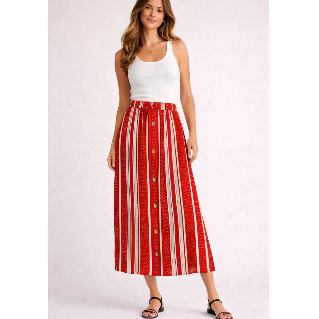 Women's red and white vertical striped maxi skirt with drawstring waist and button detail – casual summer fashion