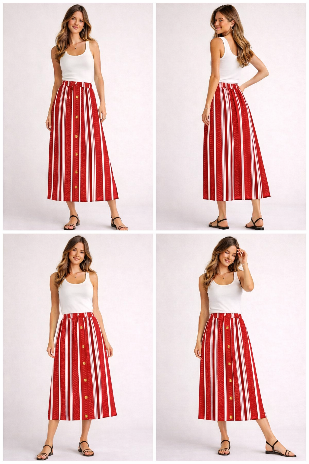 Women's red and white vertical striped maxi skirt with drawstring waist and button detail – casual summer fashion
