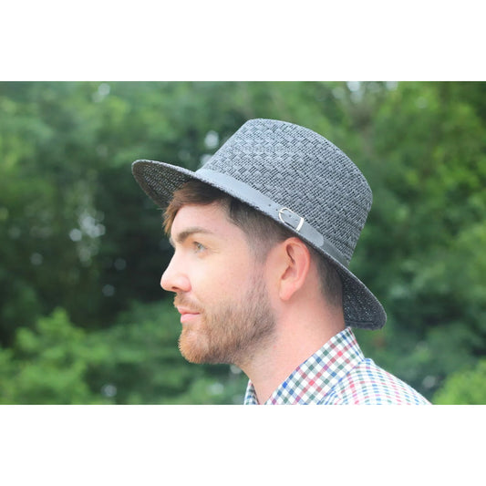 High quality men's black straw fedora hat with black leather band and buckle – breathable summer sun hat for outdoor and casual wear
