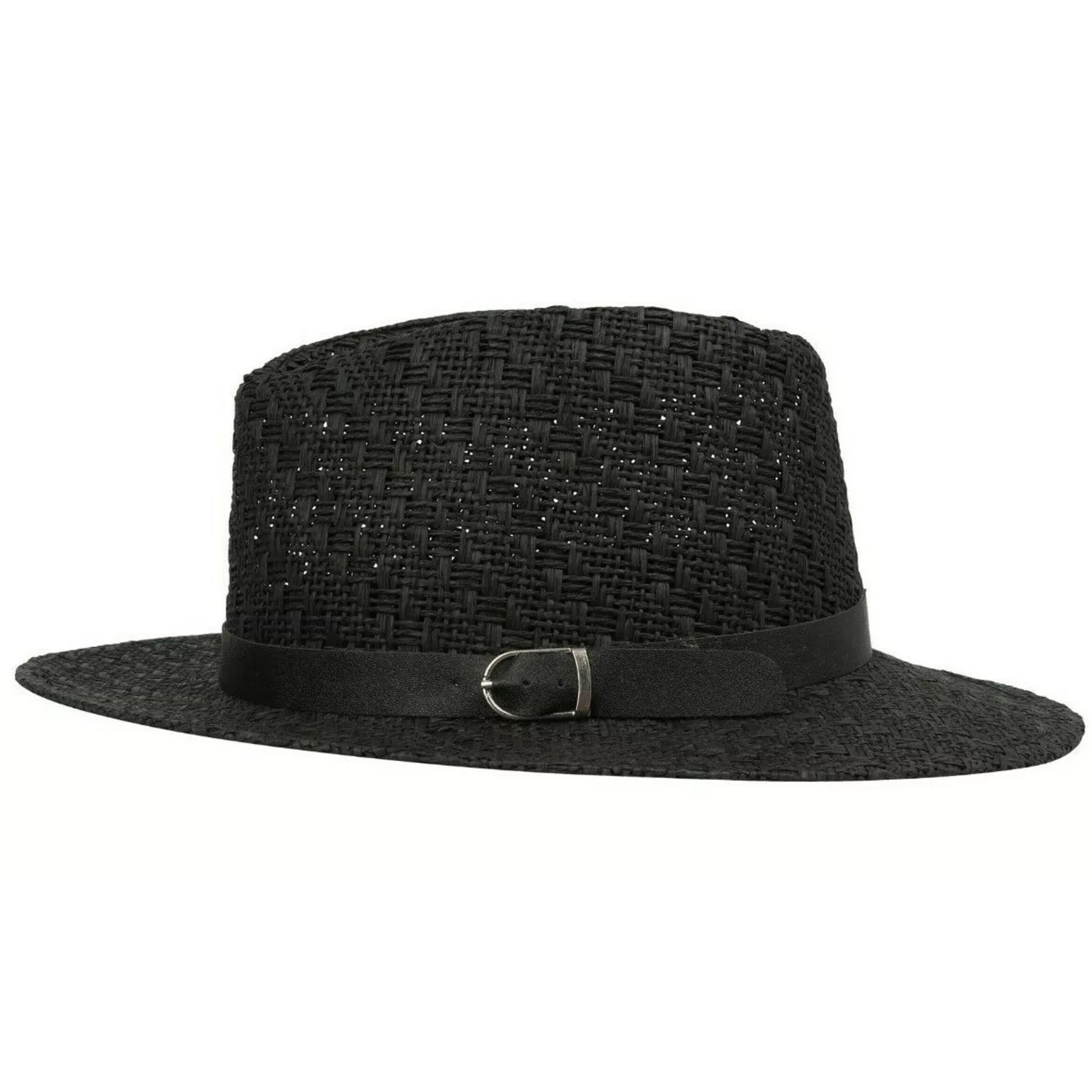 High quality men's black straw fedora hat with black leather band and buckle – breathable summer sun hat for outdoor and casual wear