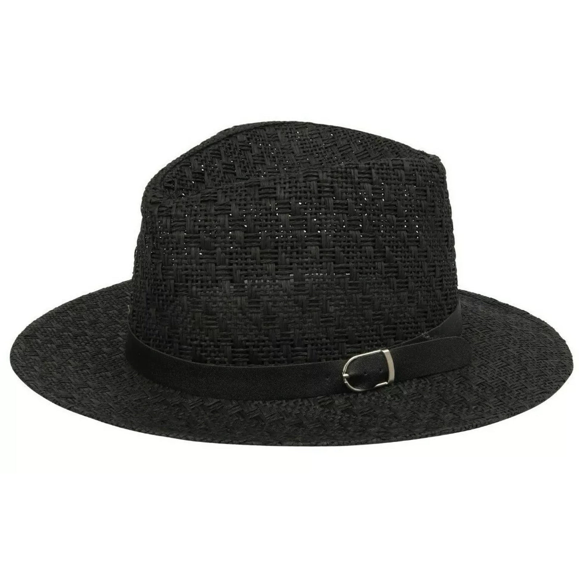 High quality men's black straw fedora hat with black leather band and buckle – breathable summer sun hat for outdoor and casual wear