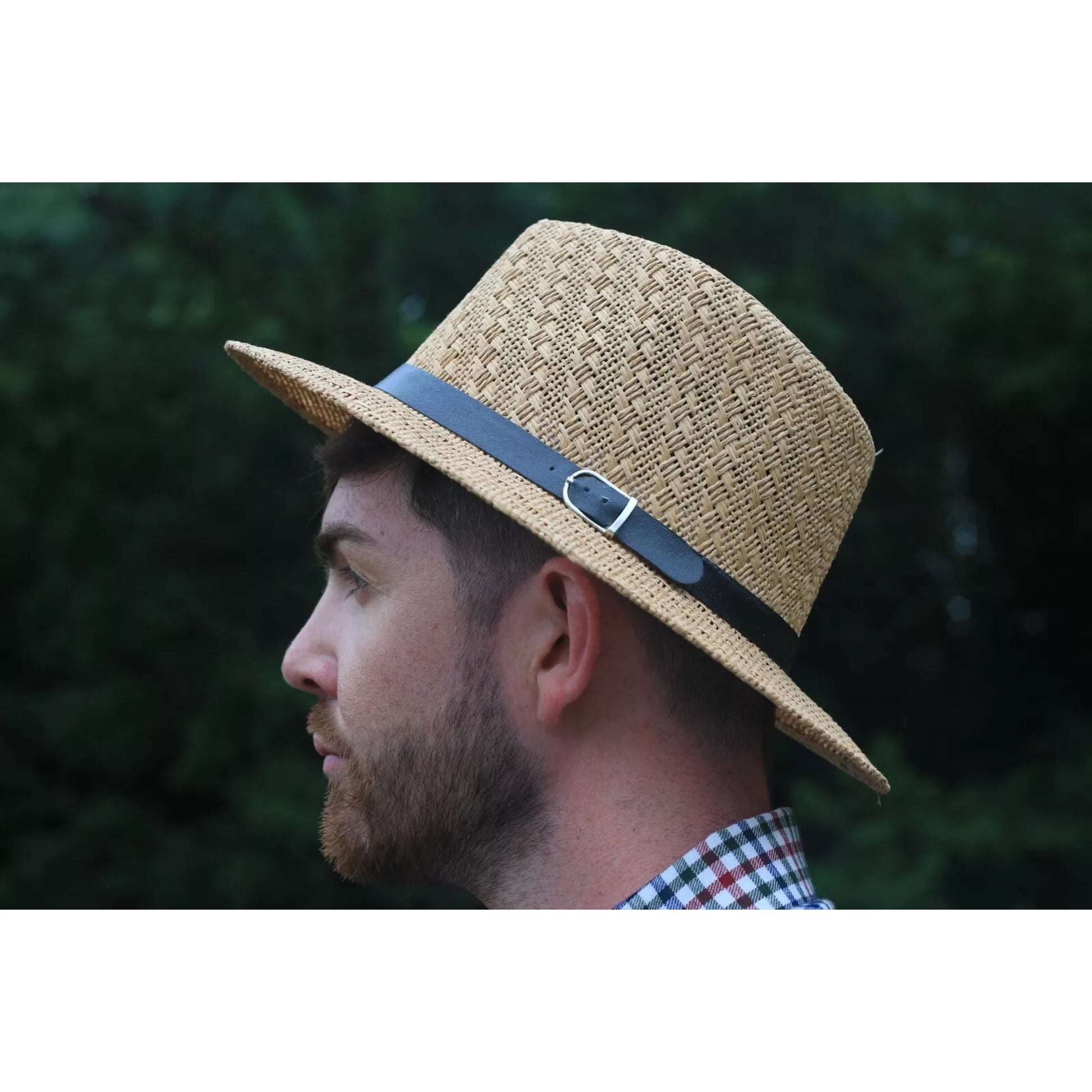 High quality men's straw fedora hat with black leather band and buckle – breathable summer sun hat for outdoor and casual wear