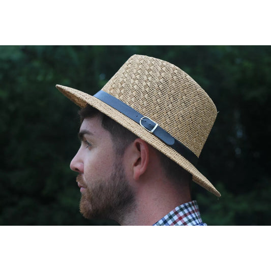 High quality men's straw fedora hat with black leather band and buckle – breathable summer sun hat for outdoor and casual wear