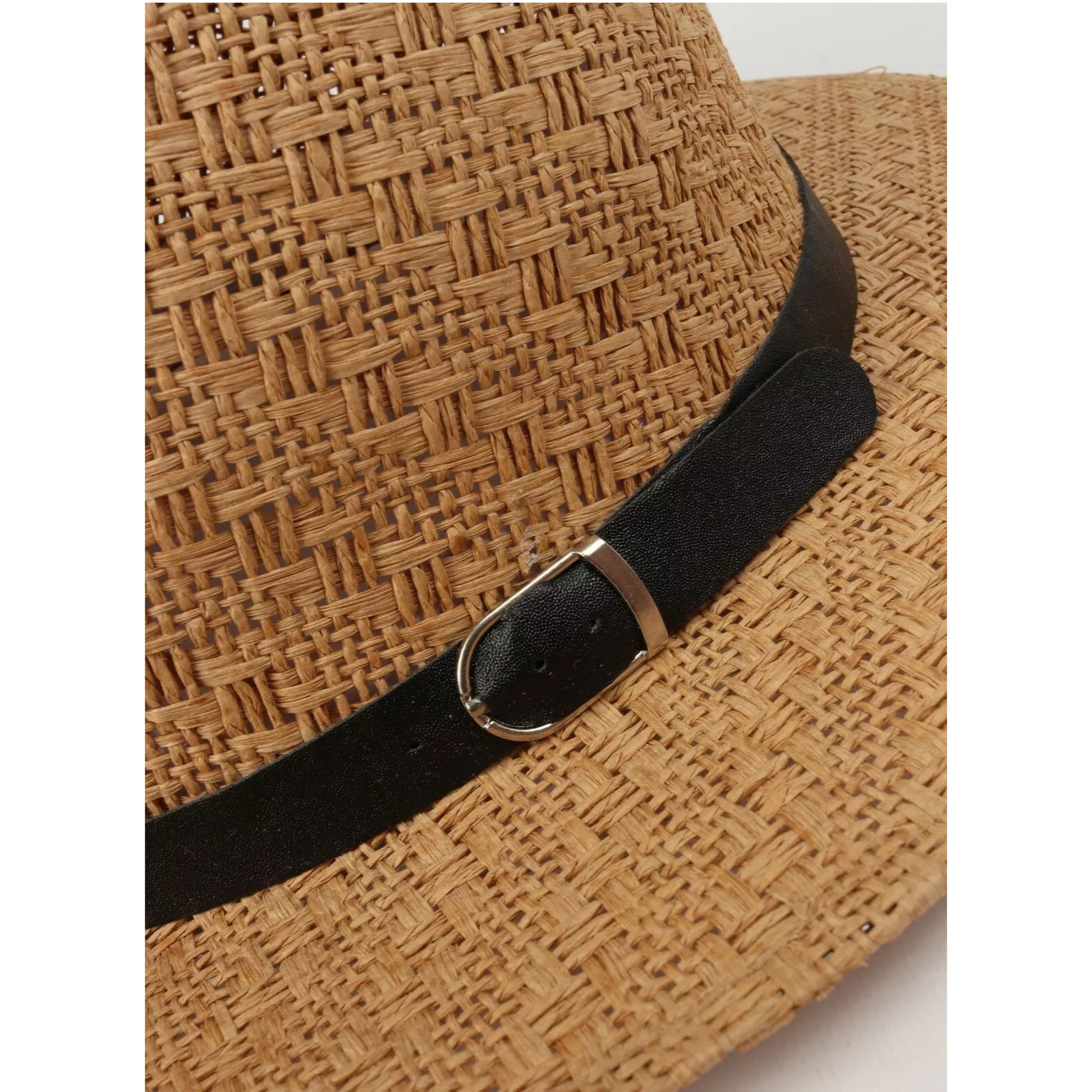 High quality men's straw fedora hat with black leather band and buckle – breathable summer sun hat for outdoor and casual wear