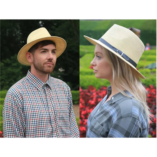 Nicky Adams branded Panama hat in natural straw colour with black band and silver buckle