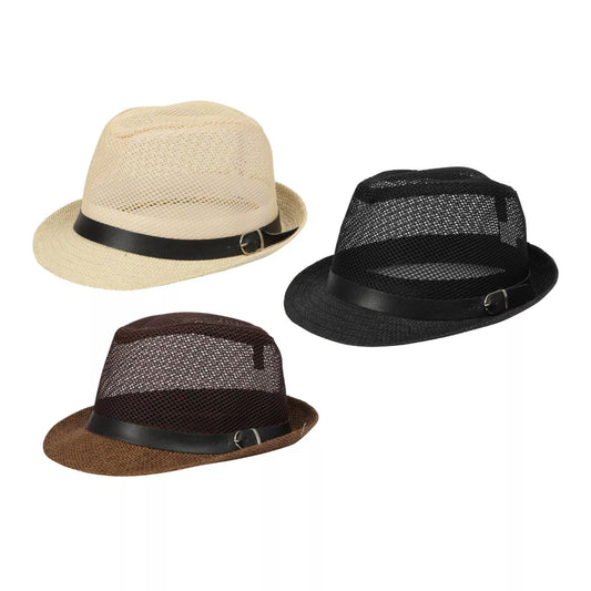 Unisex black, brown or natural straw trilby hat with breathable mesh upper and black band – men's and ladies lightweight summer sun hat for holidays and festivals