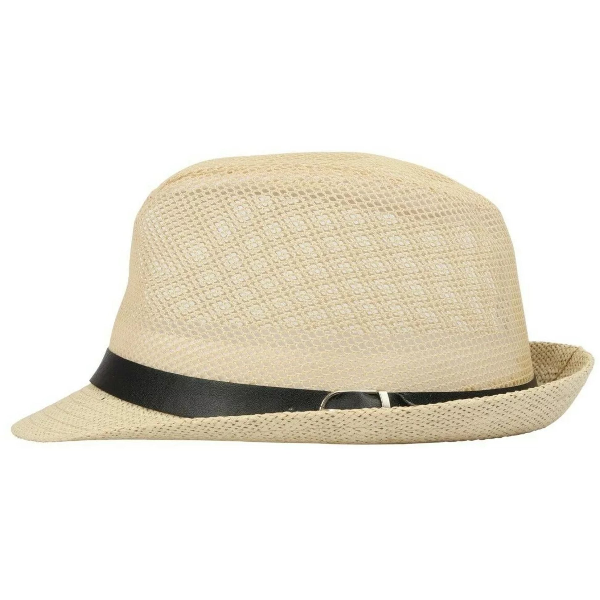 Unisex natural beige straw trilby hat with breathable mesh upper and black band – men's and ladies lightweight summer sun hat for holidays and festivals