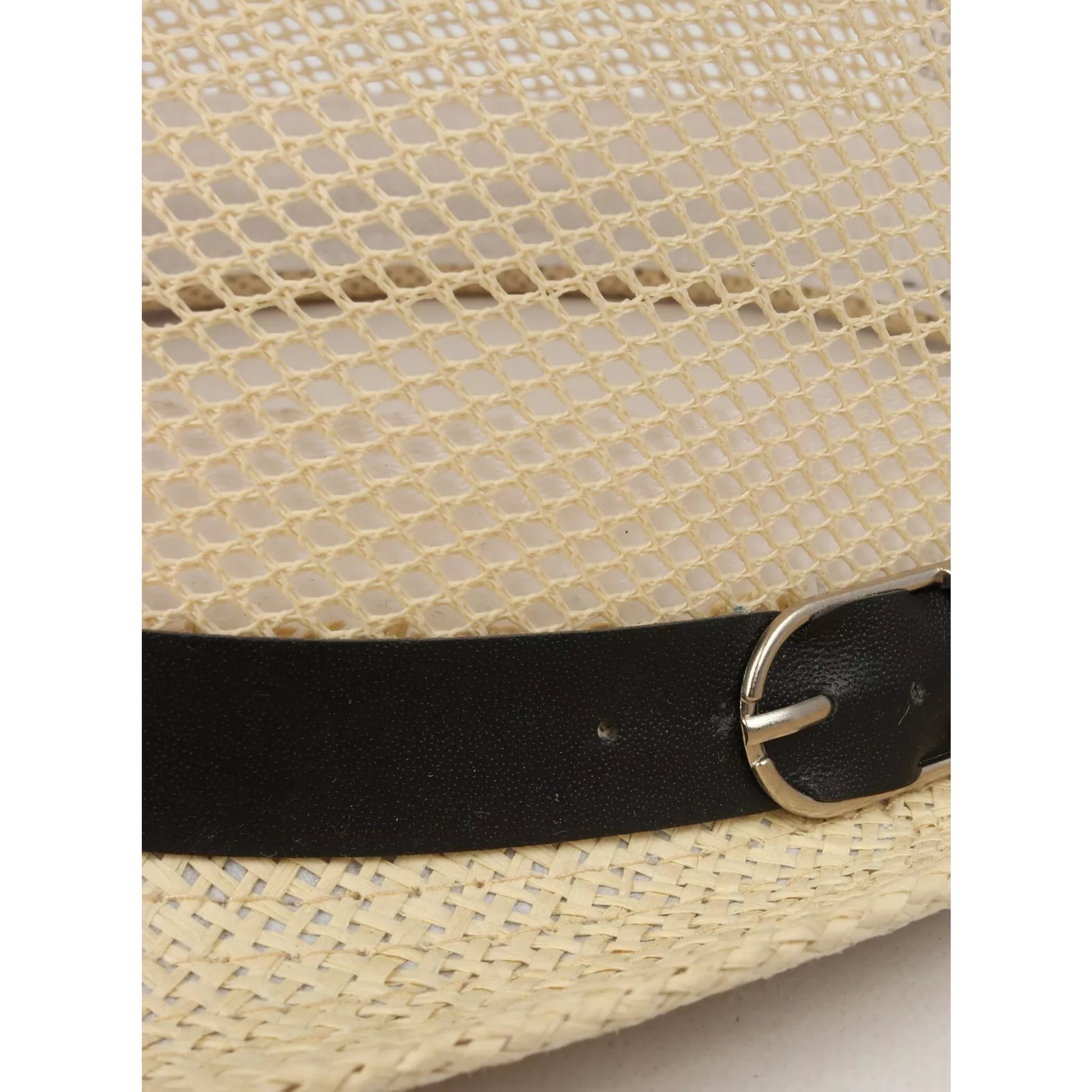 Unisex natural beige straw trilby hat with breathable mesh upper and black band – men's and ladies lightweight summer sun hat for holidays and festivals