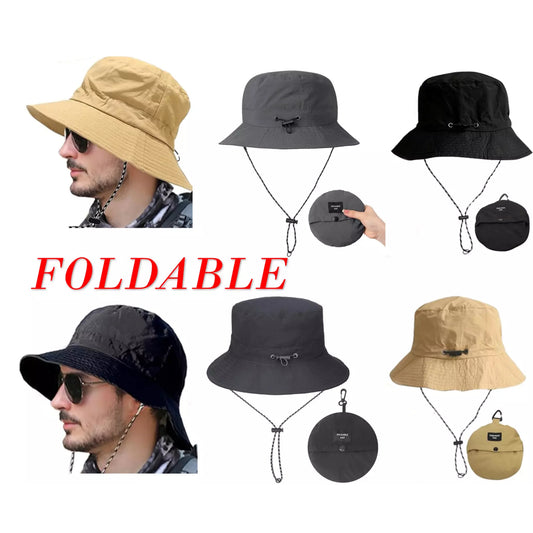 Unisex foldable bucket hat with chin strap – wide brim sun hat for outdoor hiking, fishing, camping – packable design in black, grey, navy and beige