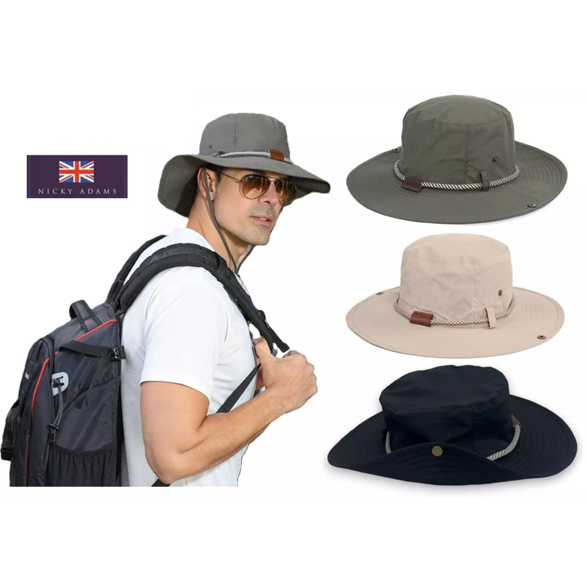 Nicky Adams men's crushable safari hat with wide brim and chin strap – lightweight sun hat for hiking, travel, and outdoor adventures in navy, beige, khaki, and black