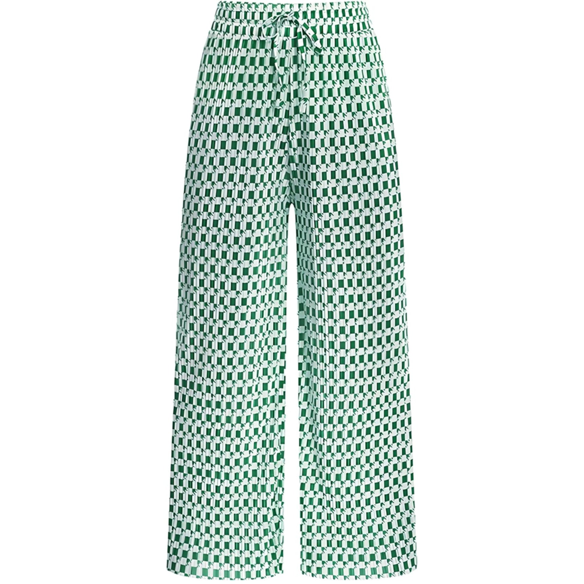  Ladies Green and White Check Design Palazzo Trousers – Wide Leg Lightweight Summer Pants